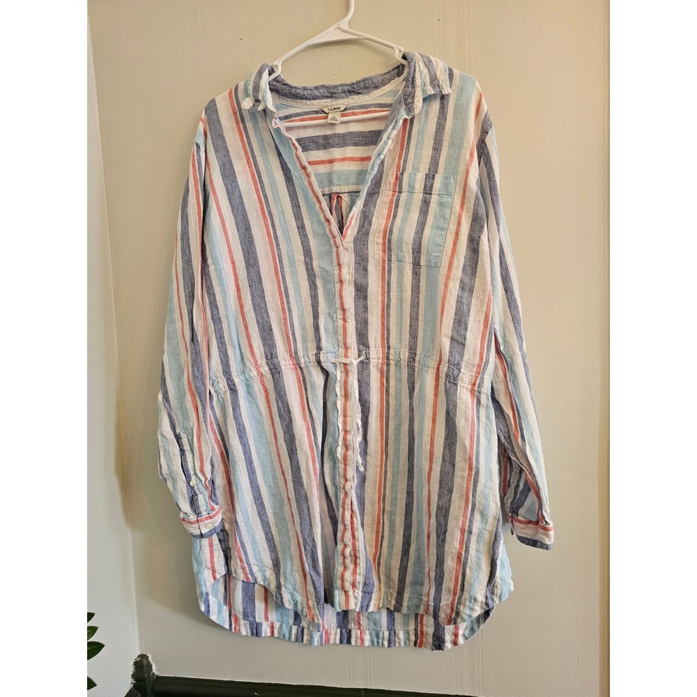 LL Bean Womens 100% Linen Striped Drawstring Waist Tunic Top Blue Pink XL 507357